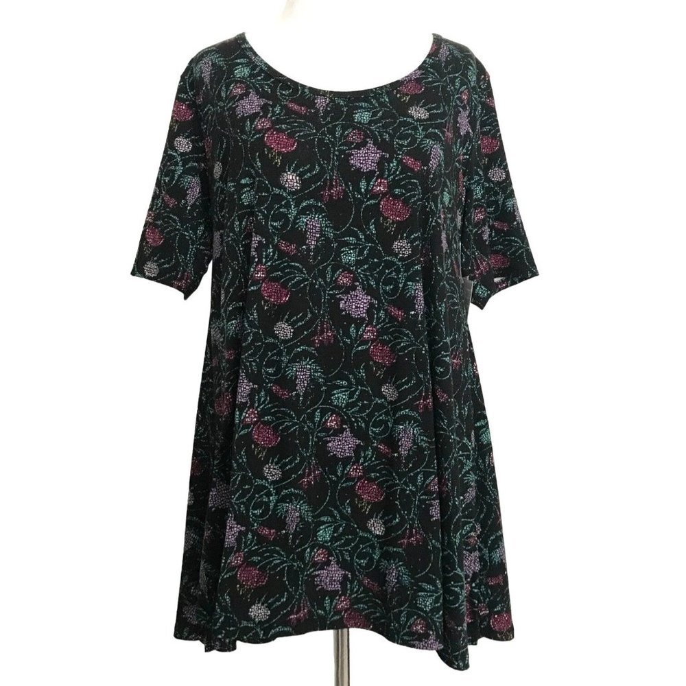NWT Lularoe Perfect T Size S black floral flower pink purple green Shirt Swing